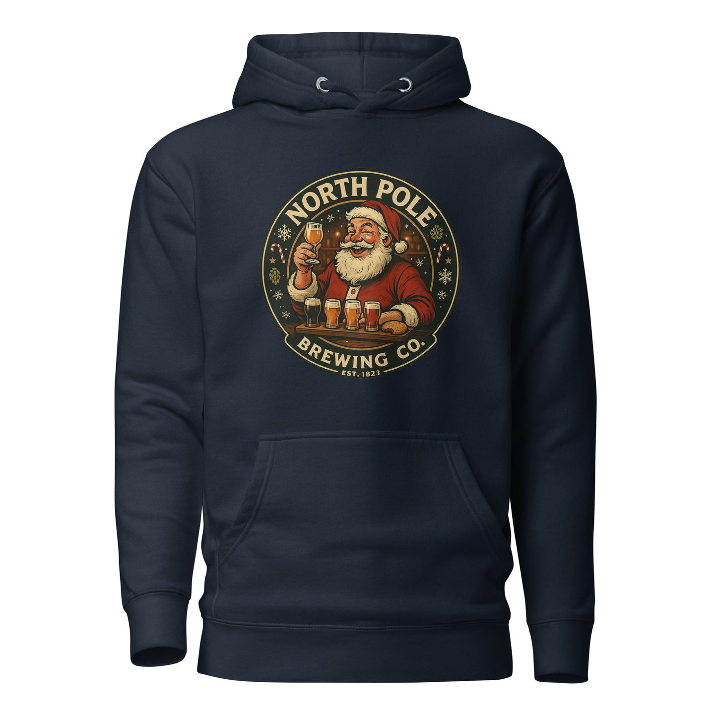 Navy hoodie with Santa Claus graphic and 'North Pole Brewing Co.' text on a white background