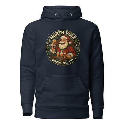Navy hoodie with Santa Claus graphic and 'North Pole Brewing Co.' text on a white background