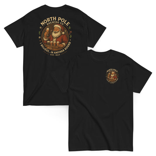 Black t-shirt with North Pole Brewing Co. graphic on a white background