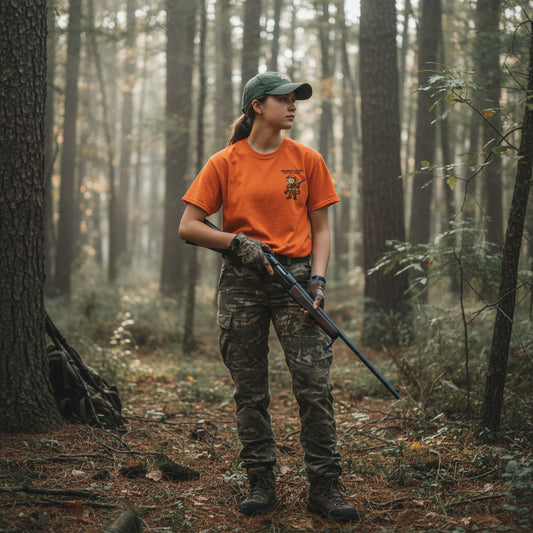 Orange t-shirt with a small graphic on the chest against a white background