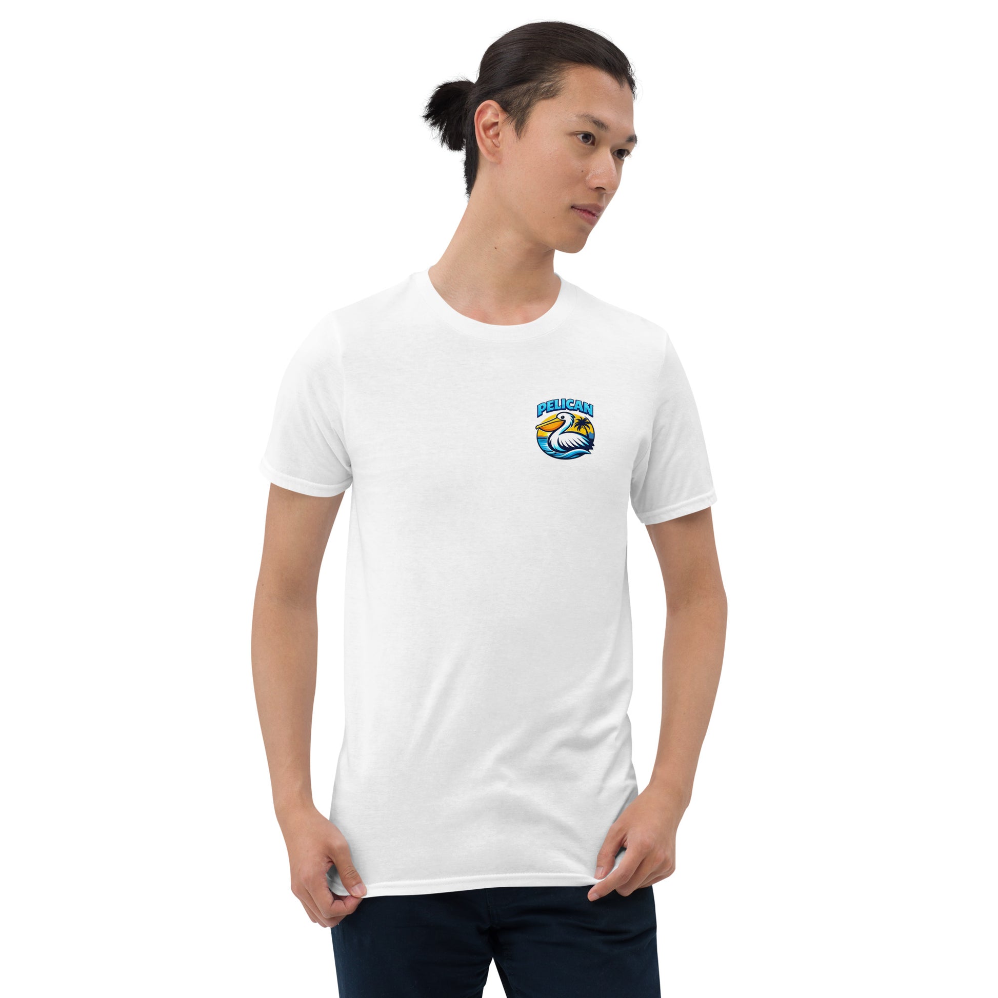 Man wearing a white t-shirt with a logo on a white background