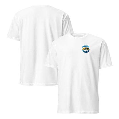 White t-shirt with a logo on the chest against a white background