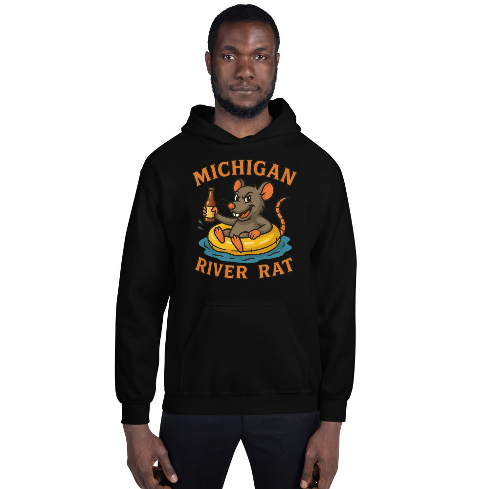Person wearing a black hoodie with 'Michigan River Rat' graphic design on a white background