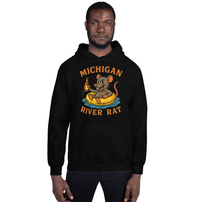 Person wearing a black hoodie with 'Michigan River Rat' graphic design on a white background