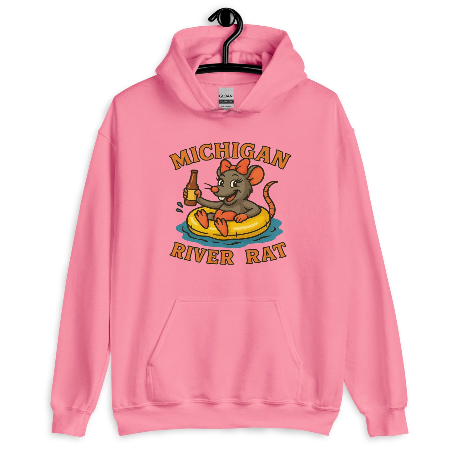 Pink hoodie with 'Michigan River Rat' graphic on a hanger