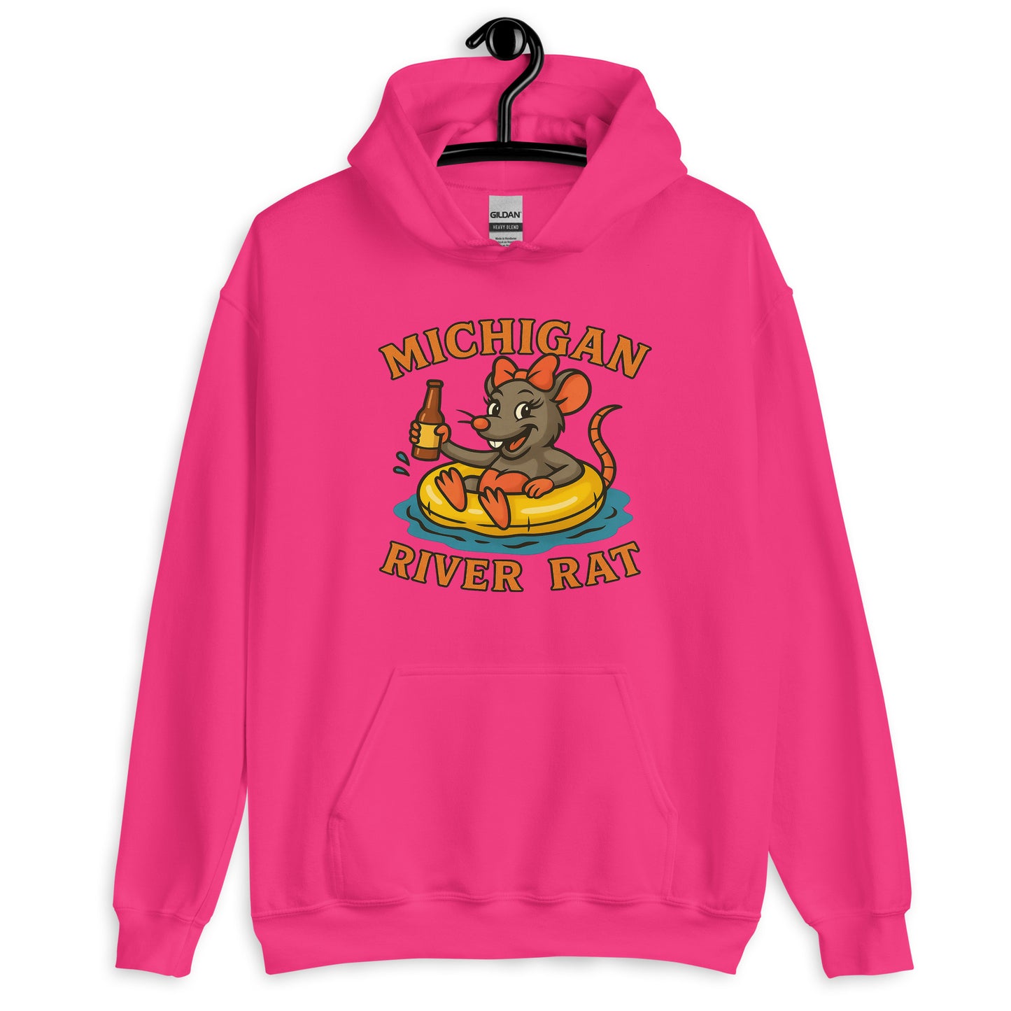 Pink hoodie with 'Michigan River Rat' graphic on a white background