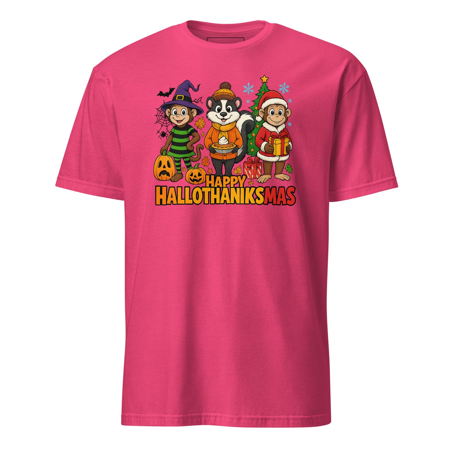 Pink t-shirt with cartoon characters and 'Happy Hallothanksmas' text on a white background