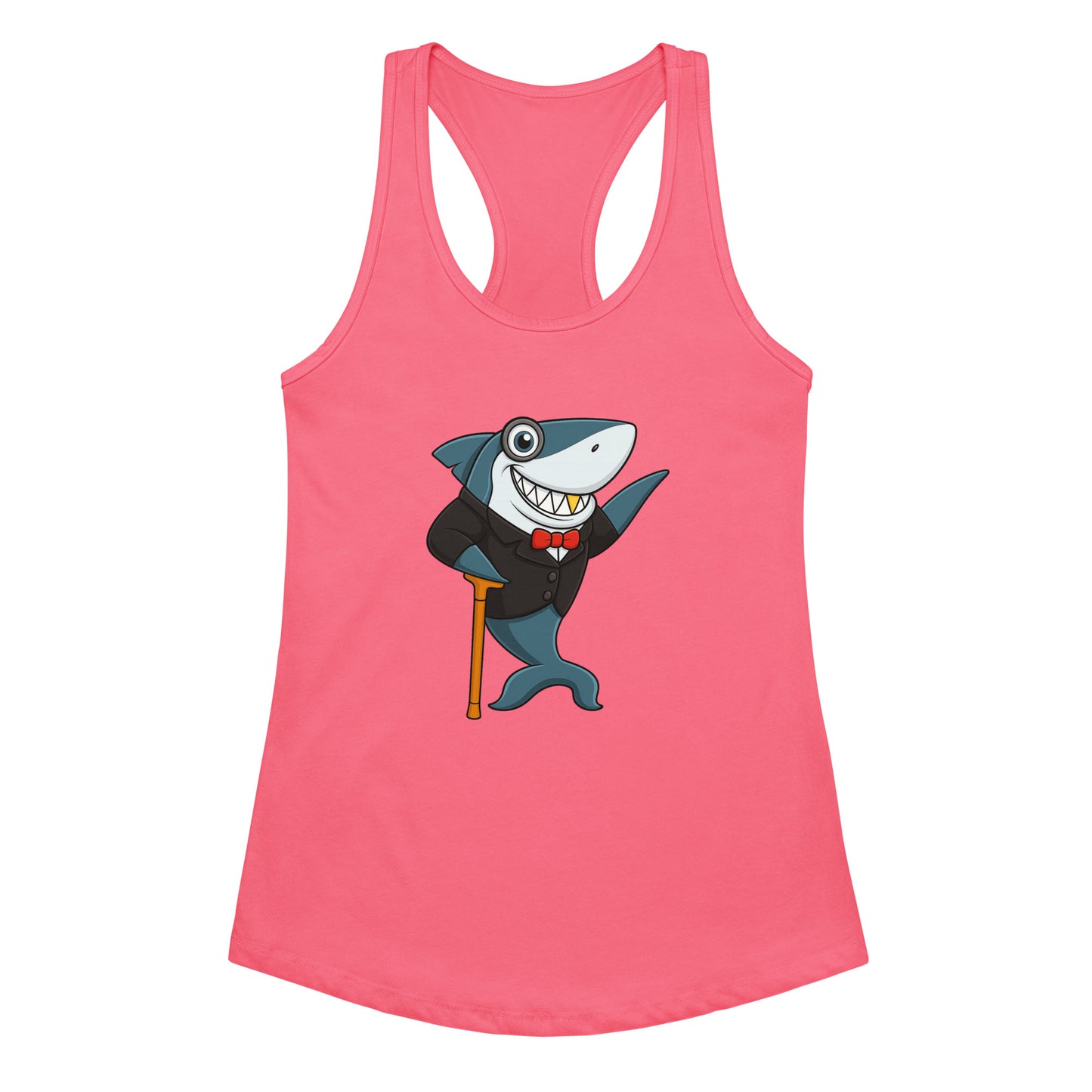Pink tank top with a cartoon shark in a suit on a white background