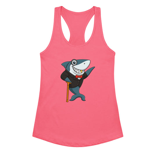Pink tank top with a cartoon shark in a suit on a white background