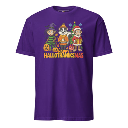 Purple t-shirt with cartoon characters and 'Happy Hallothanksmas' text on a white background