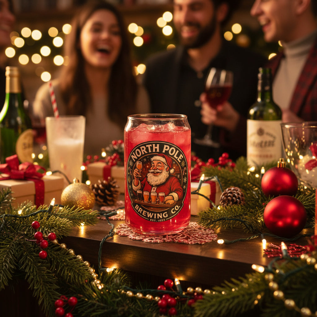 Red can with 'North Pole Brewing Co.' label featuring Santa Claus holding a glass of beer on a white background
