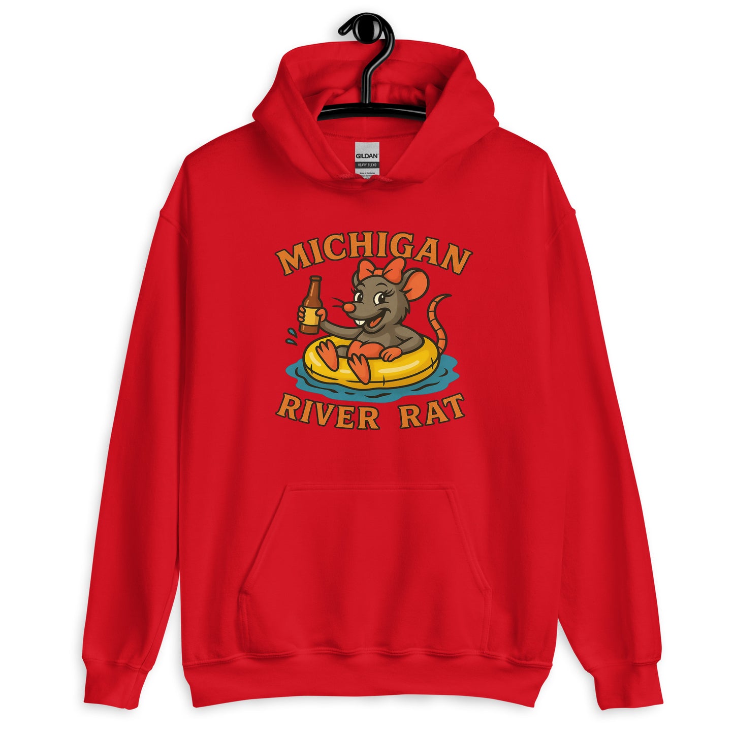 Red hoodie with 'Michigan River Rat' graphic on a white background