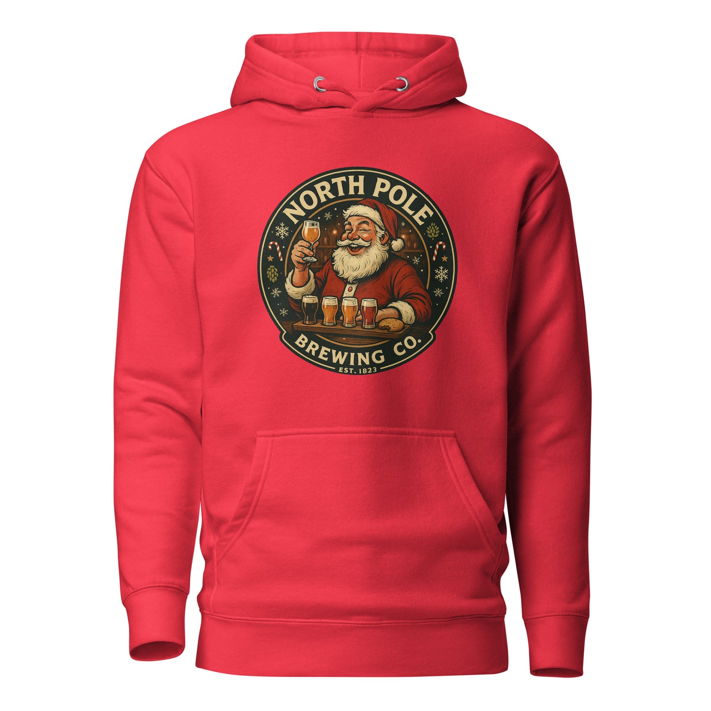 Red hoodie with Santa Claus graphic and 'North Pole Brewing Co.' text on a white background