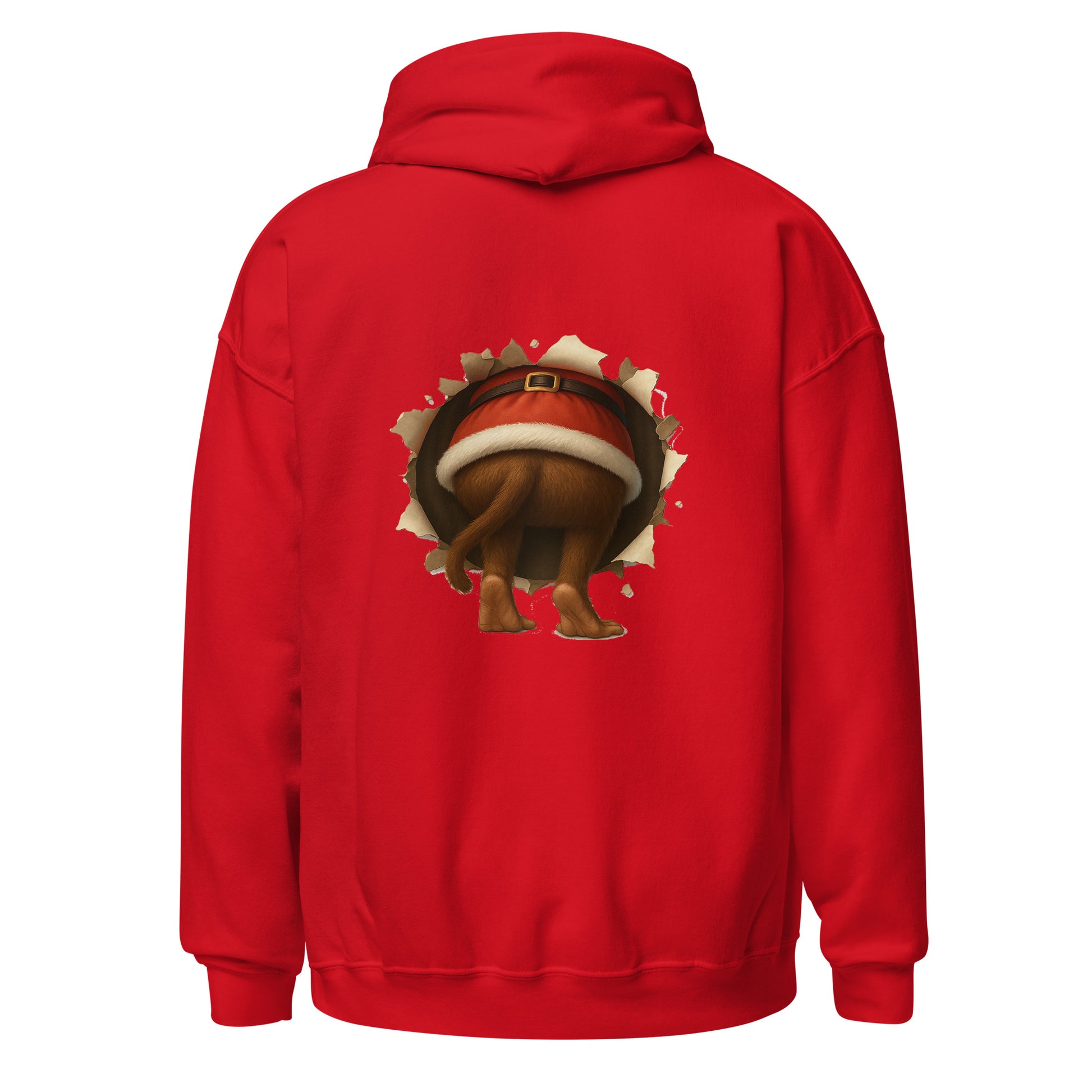 Red hoodie with a cartoon monkey design on the back against a white background