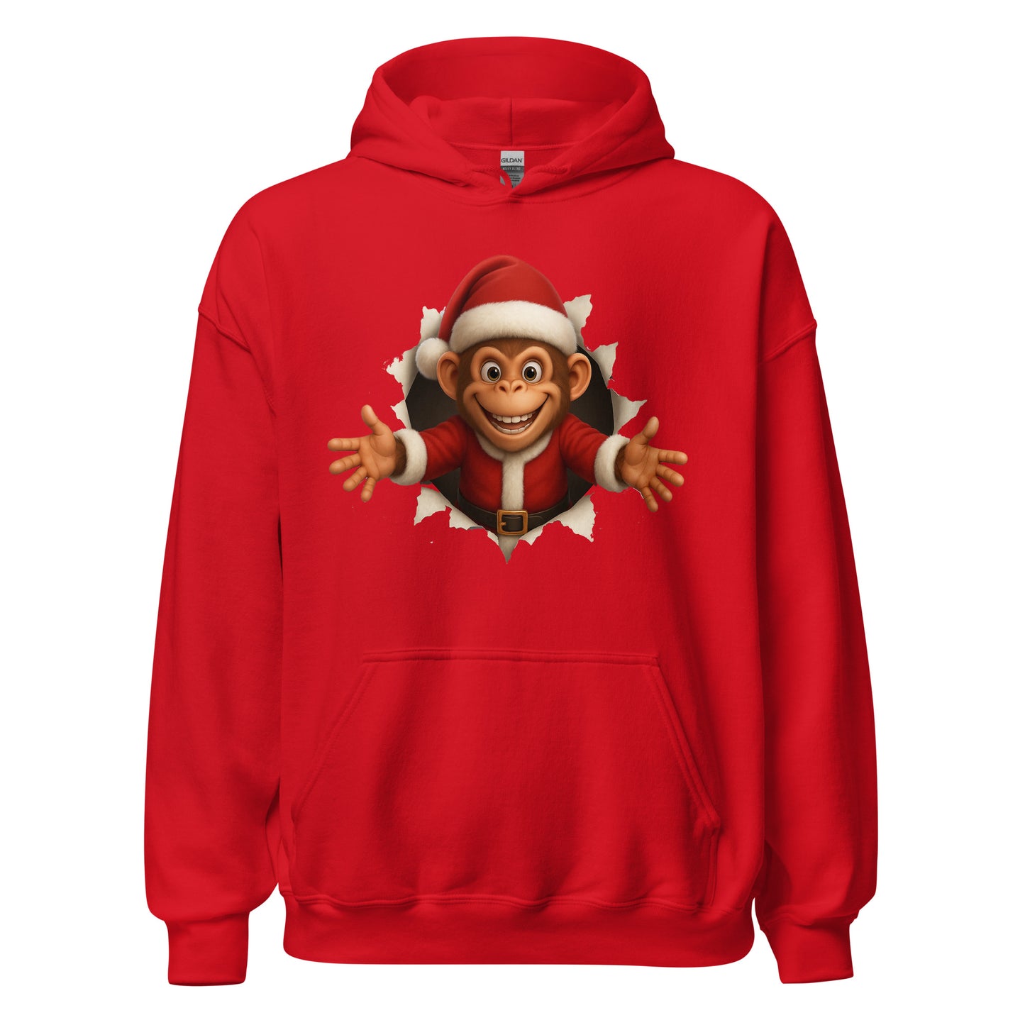 Red hoodie with a cartoon monkey wearing a Santa hat on a white background