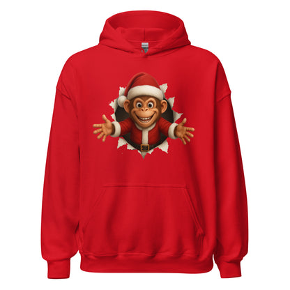 Red hoodie with a cartoon monkey wearing a Santa hat on a white background