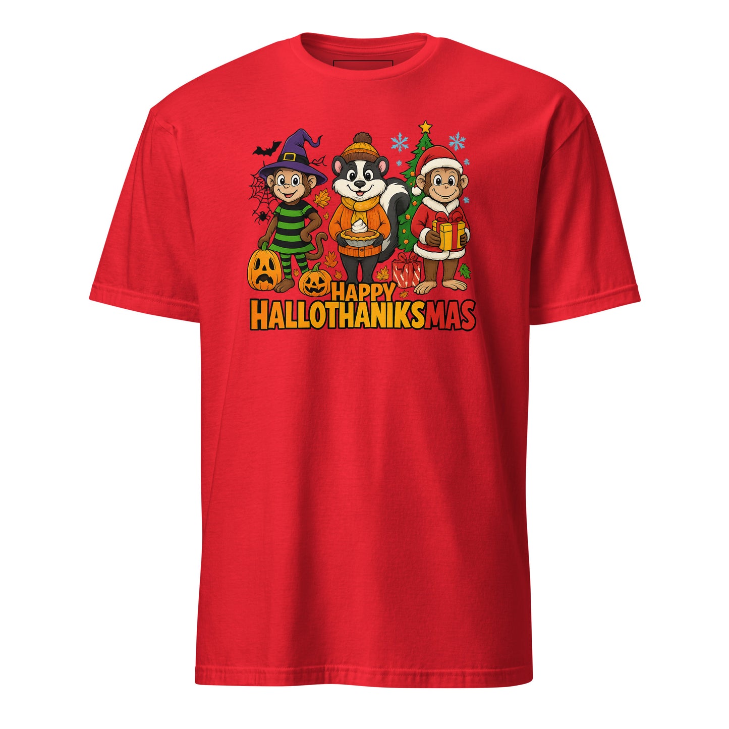 Red t-shirt with 'Happy Hallothanksmas' design featuring cartoon characters on a white background