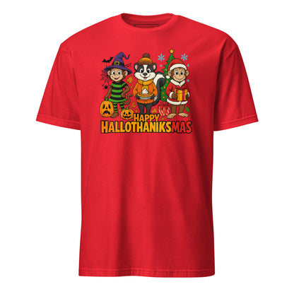 Red t-shirt with 'Happy Hallothanksmas' design featuring cartoon characters on a white background
