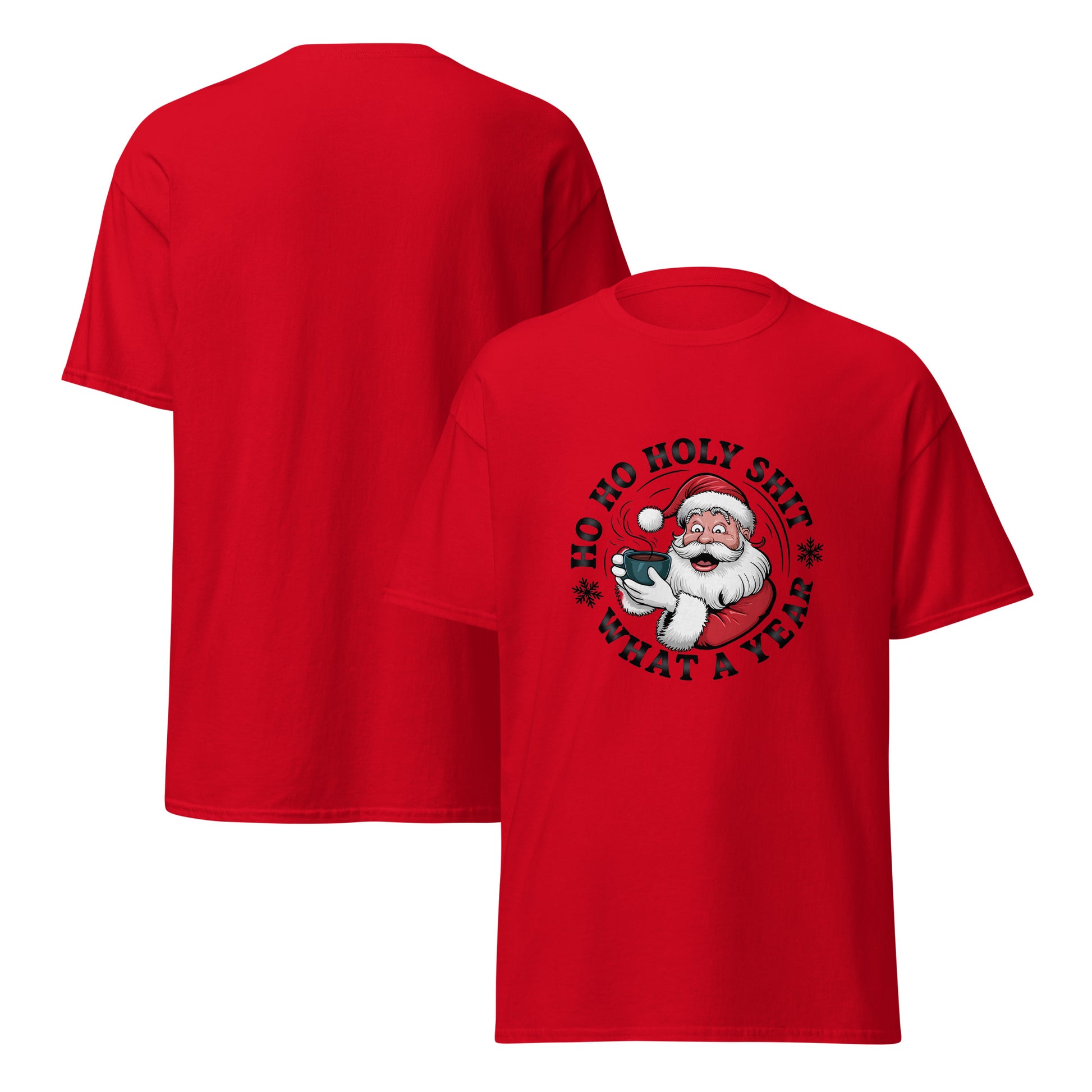 Red t-shirt with Santa Claus graphic and text on a white background