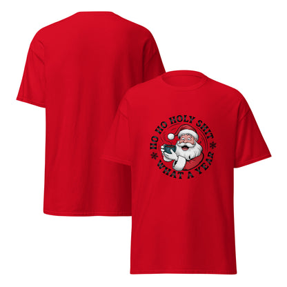 Red t-shirt with Santa Claus graphic and text on a white background