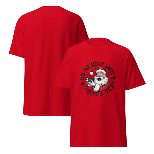 Red t-shirt with Santa Claus graphic and text on a white background
