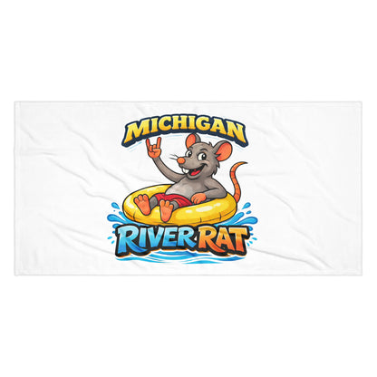 Cartoon rat on an inner tube with 'Michigan River Rat' text on a white background