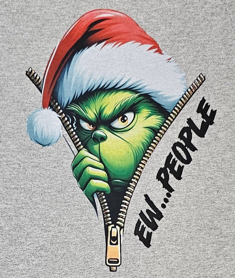 Gray t-shirt with a graphic of a character wearing a Santa hat and 'EW. PEOPLE' text on a white background