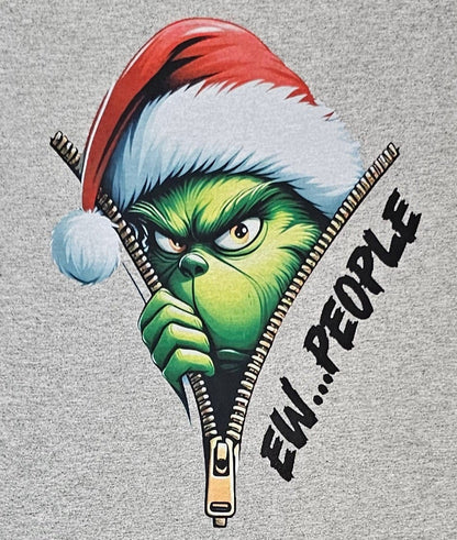 Gray t-shirt with a graphic of a character wearing a Santa hat and 'EW. PEOPLE' text on a white background