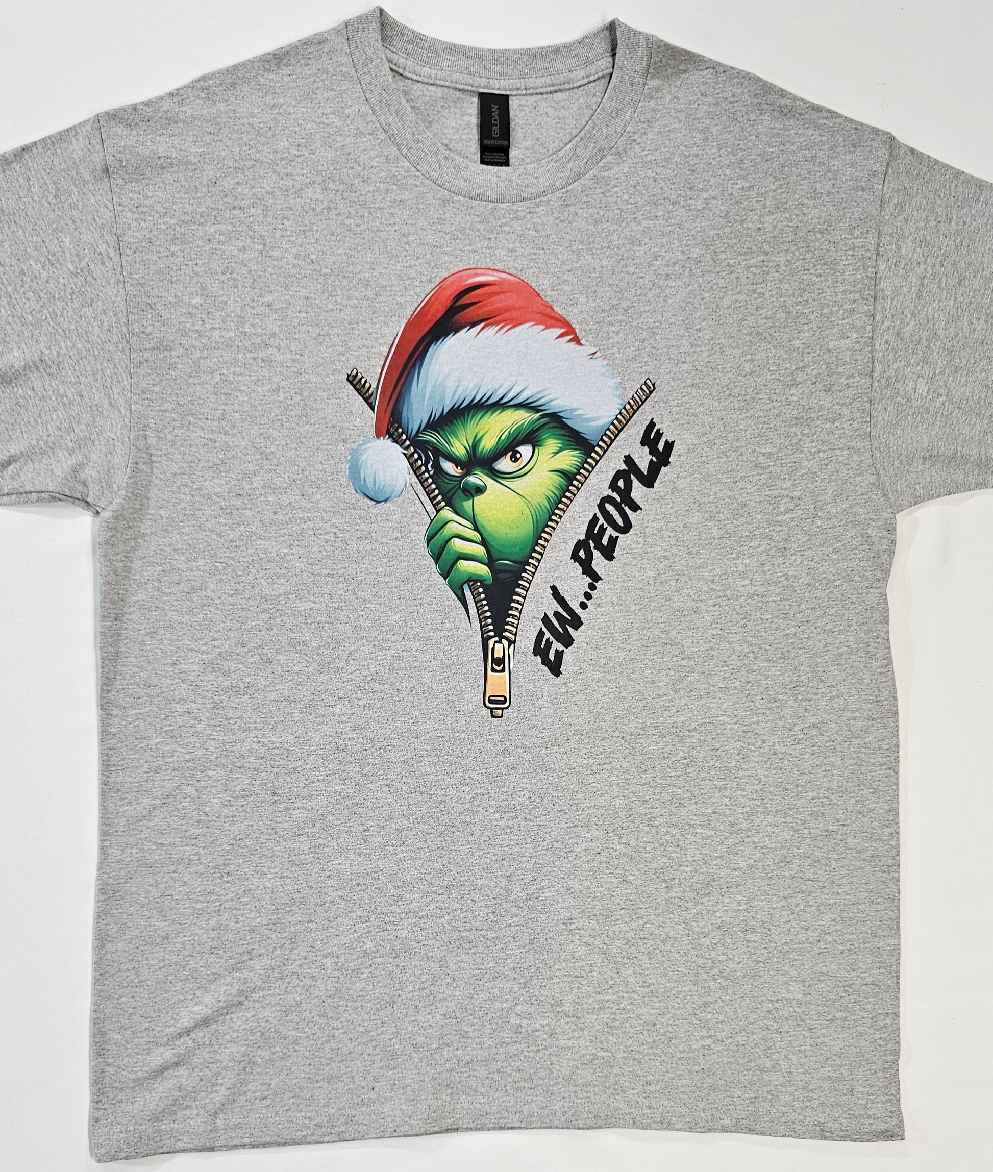 Gray t-shirt with a graphic of a character wearing a Santa hat and 'EW. PEOPLE' text on a white background