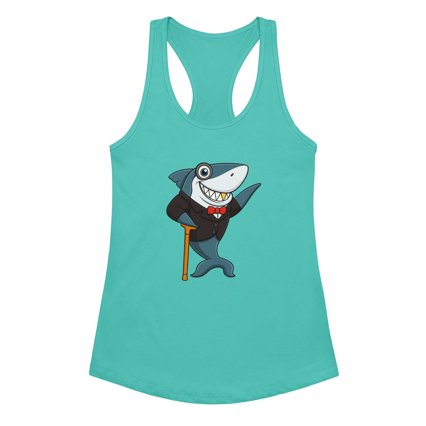 Teal tank top with a cartoon shark design on a white background
