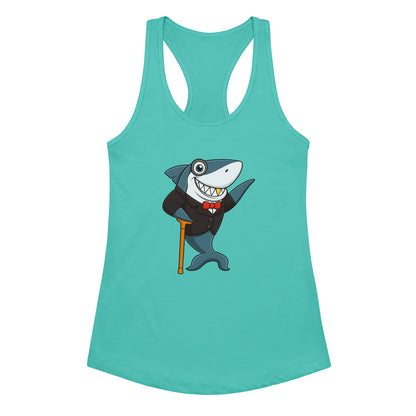 Teal tank top with a cartoon shark design on a white background