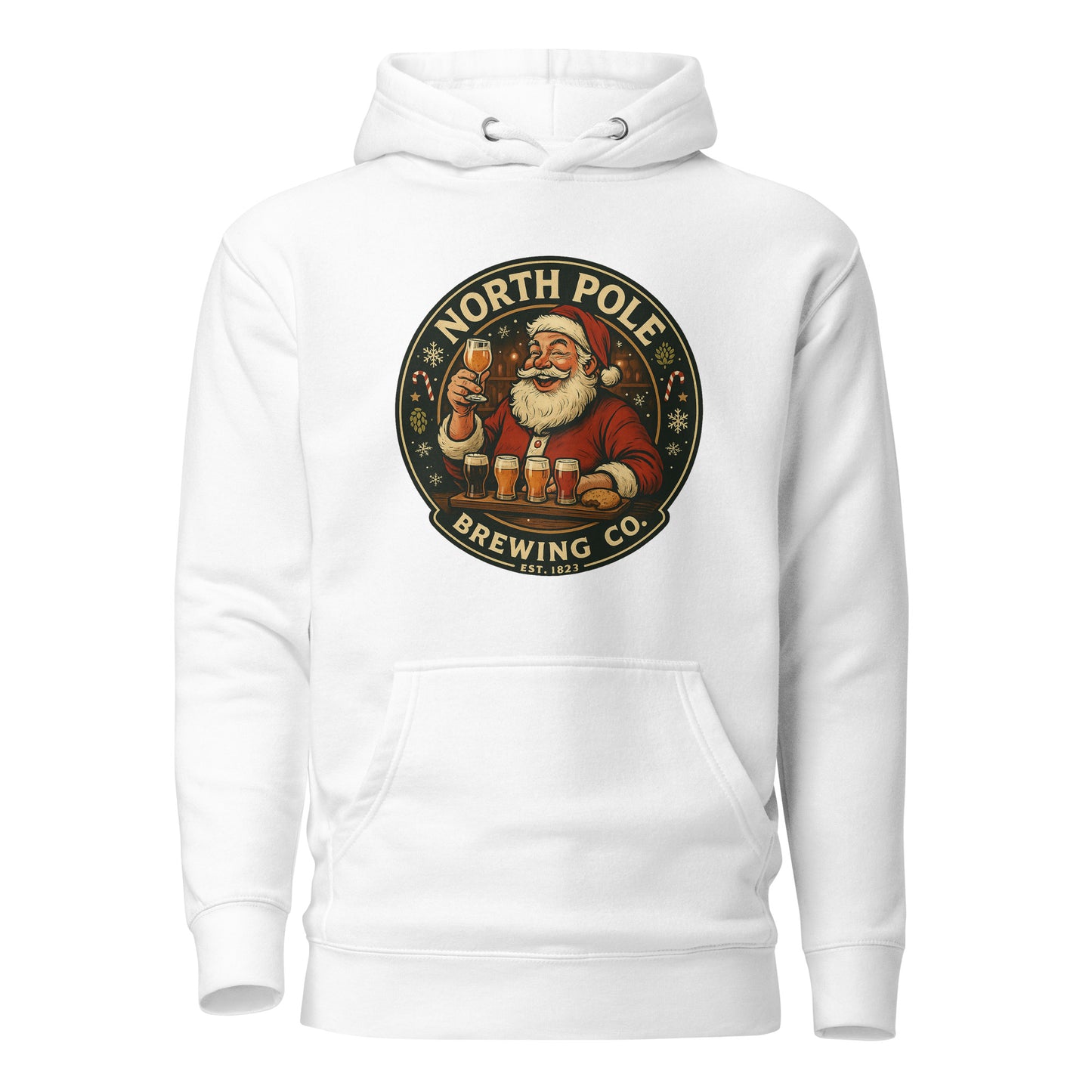 White hoodie with Santa Claus and 'North Pole Brewing Co.' graphic on a white background