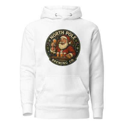 White hoodie with Santa Claus and 'North Pole Brewing Co.' graphic on a white background