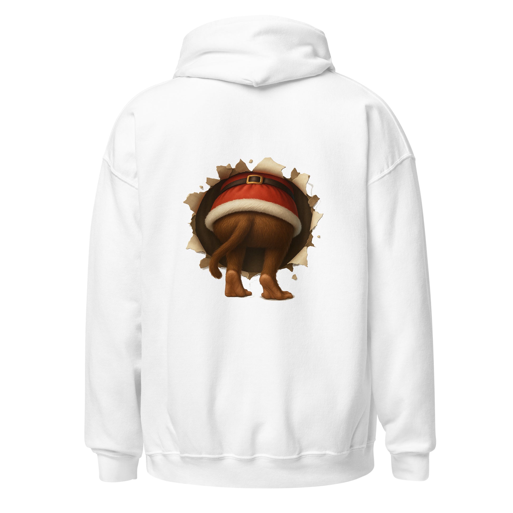 White hoodie with a cartoon monkey wearing a Santa hat on the back, on a white background
