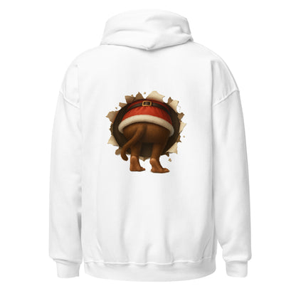 White hoodie with a cartoon monkey wearing a Santa hat on the back, on a white background