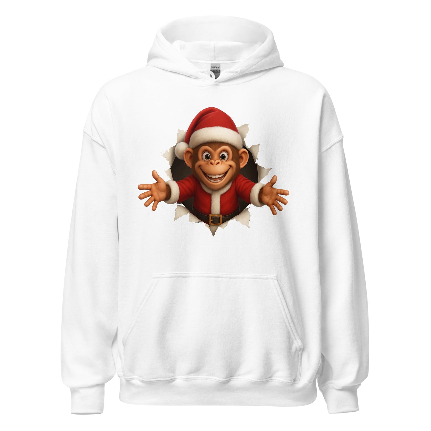 White hoodie with a cartoon monkey wearing a Santa hat on a white background