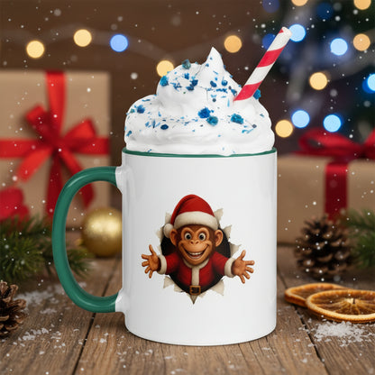 White mug with a cartoon monkey wearing a Santa hat, surrounded by Christmas decorations.