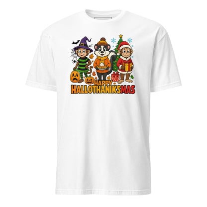 White t-shirt with cartoon characters and 'Happy Hallothanksmas' text on a white background