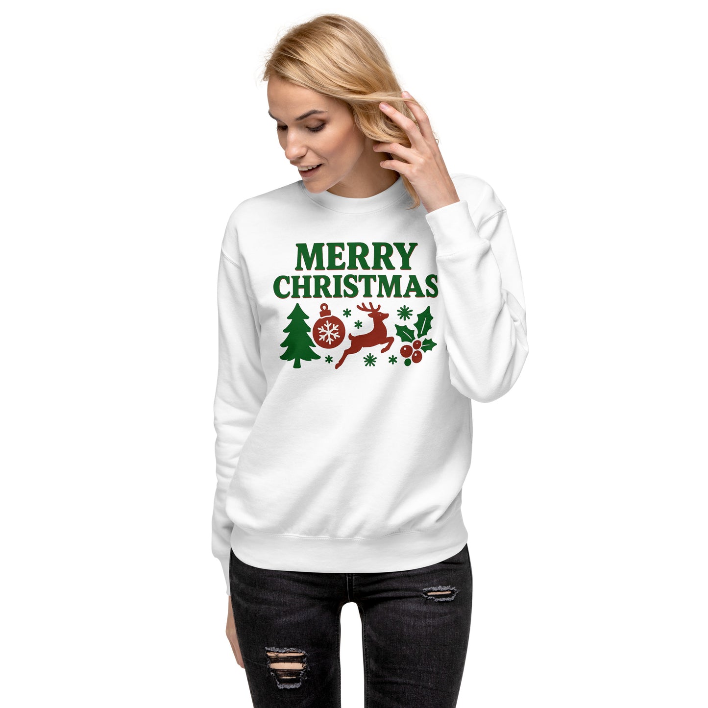 Woman wearing a white sweatshirt with Christmas-themed design and text.