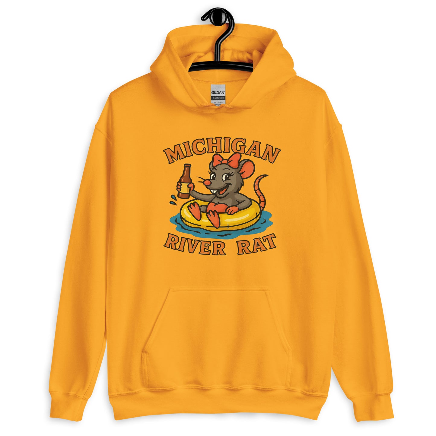Yellow hoodie with 'Michigan River Rat' graphic on a white background