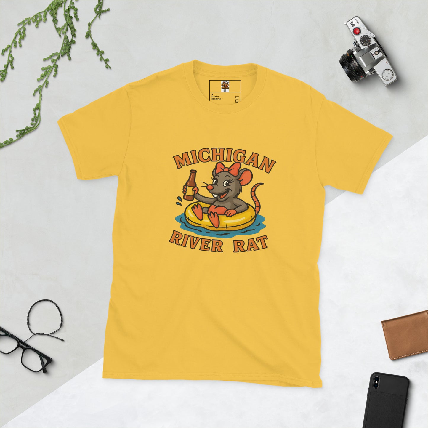 Yellow t-shirt with 'Michigan River Rat' graphic on a light gray background