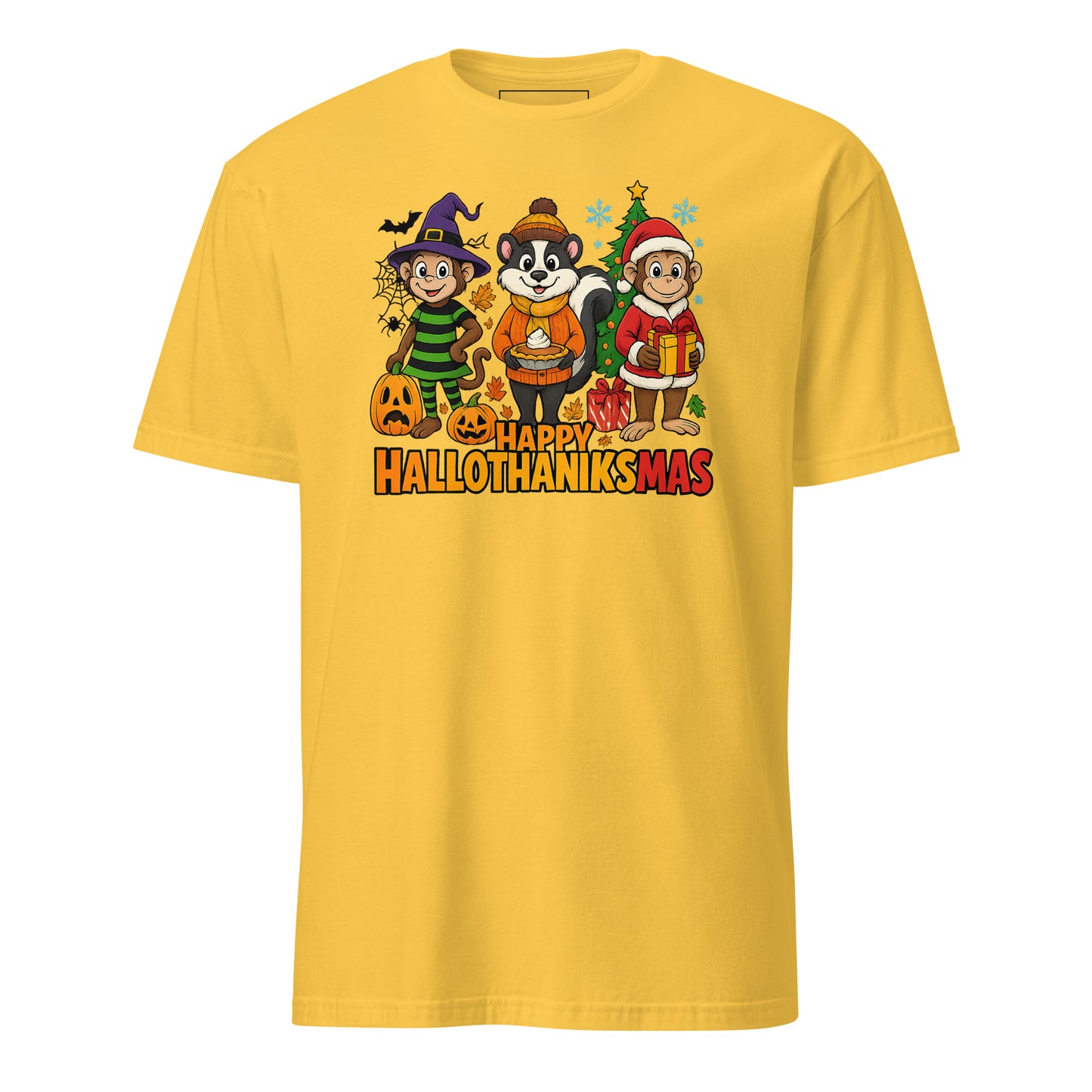 Yellow t-shirt with cartoon characters and 'Happy Hallothanksmas' text on a white background
