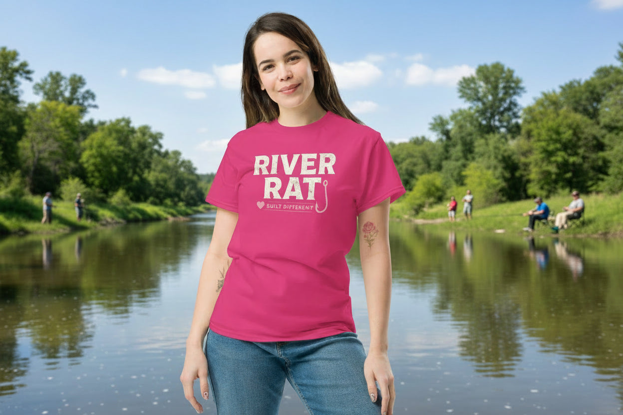 Woman wearing a-shirt wit pink th 'River Rat' text on a white background