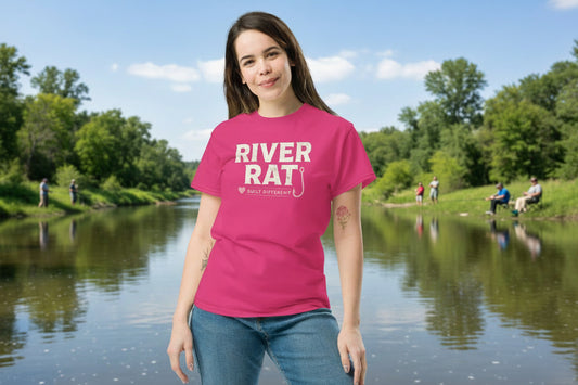 Woman wearing a-shirt wit pink th 'River Rat' text on a white background