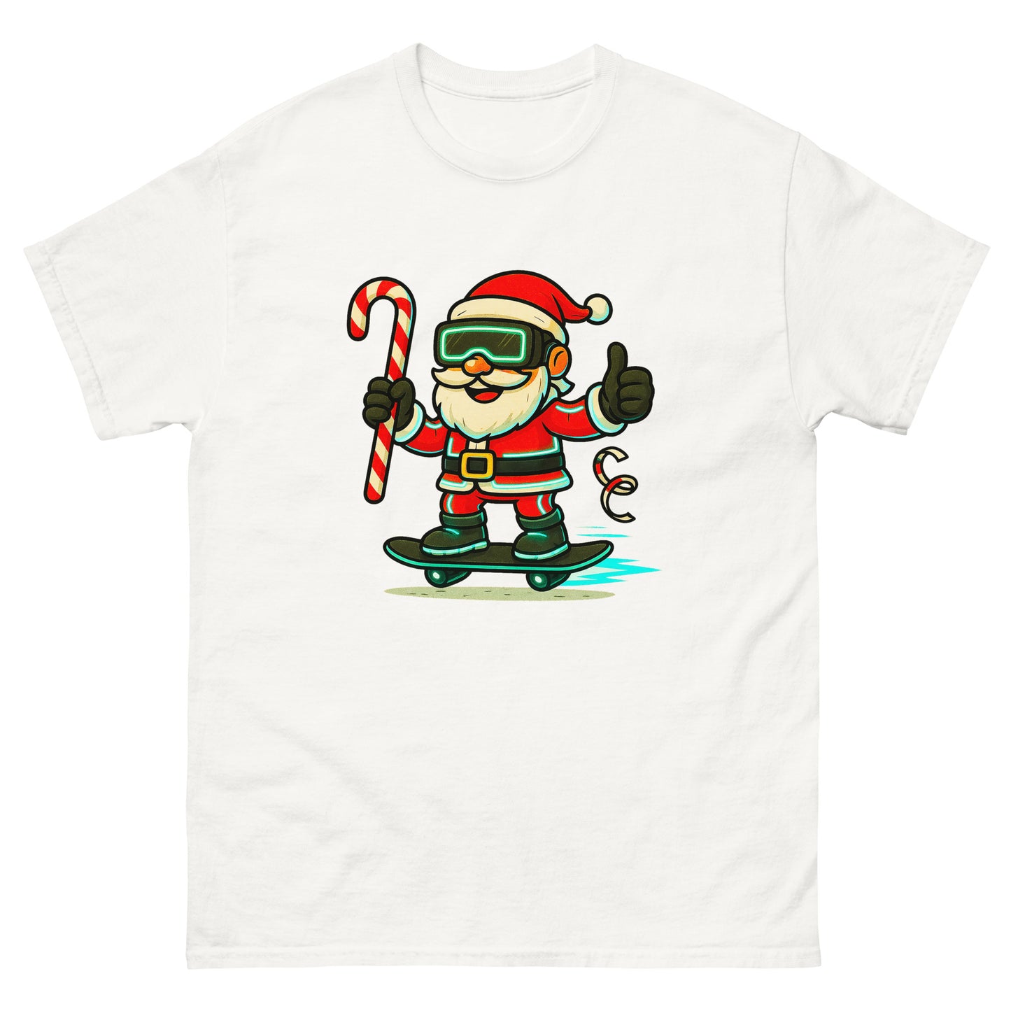 White t-shirt with a cartoon Santa Claus design holding a candy cane and giving a thumbs up on a white background.