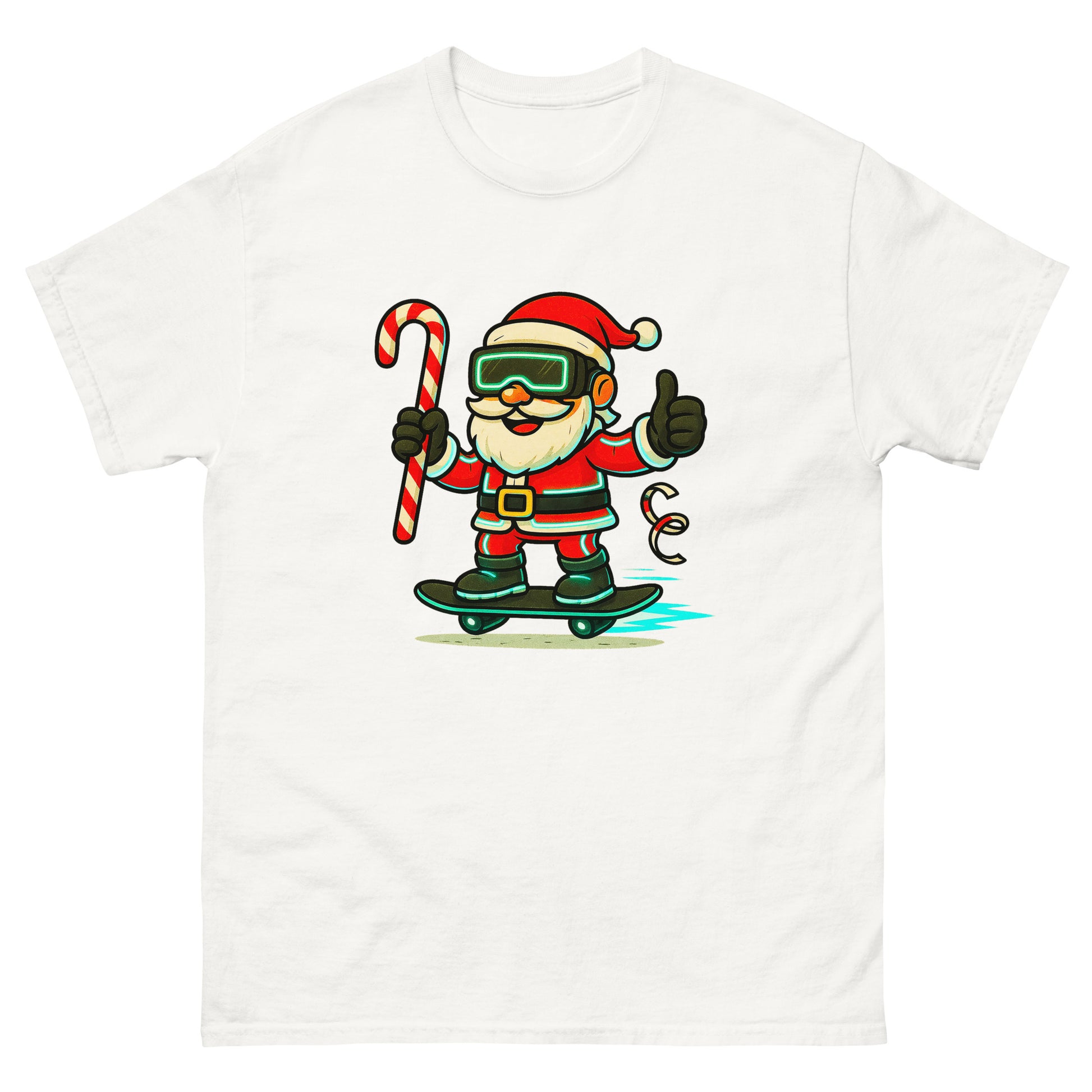 White t-shirt with a cartoon Santa Claus design holding a candy cane and giving a thumbs up on a white background.