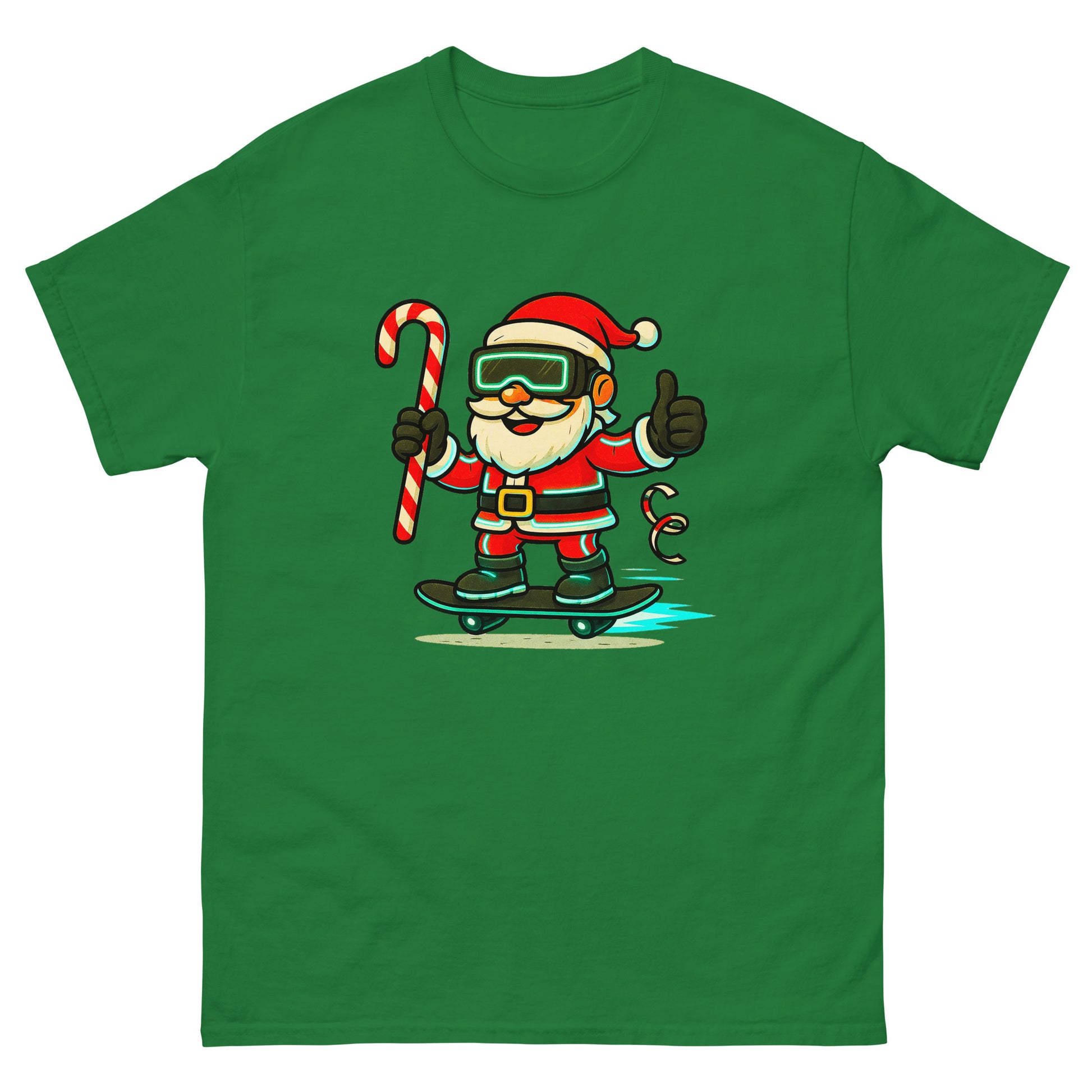 Green t-shirt with a cartoon Santa Claus holding a candy cane and giving a thumbs up on a white background