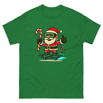 Green t-shirt with a cartoon Santa Claus holding a candy cane and giving a thumbs up on a white background
