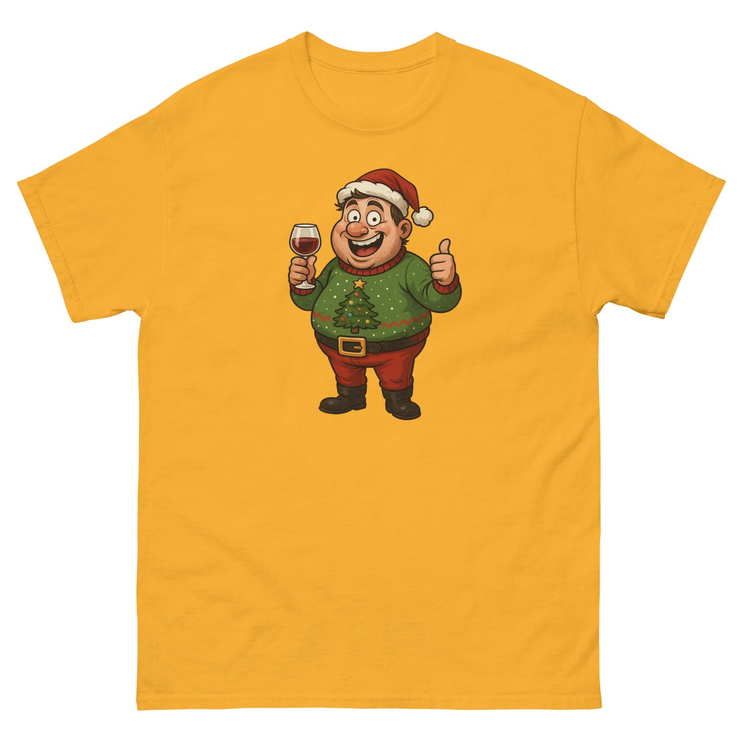 Yellow t-shirt with a cartoon character holding a glass of wine and giving a thumbs up on a white background