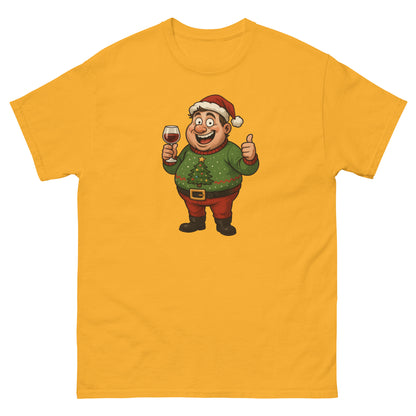 Yellow t-shirt with a cartoon character holding a glass of wine and giving a thumbs up on a white background